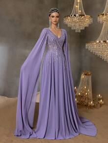 Faeriesty Haute Glamour Gorgeous Elegant Chiffon Gown With Crystal Beading V-Neckline & Dramatic A-Line Skirt | Luxury Evening Dress For Black Tie Events And Weddings - Màu tím - Xem 7