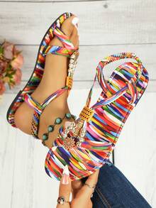 Lightweight Bohemian Flat Sandals, Casual Versatile Rainbow Roman Sandals For Teens, Summer