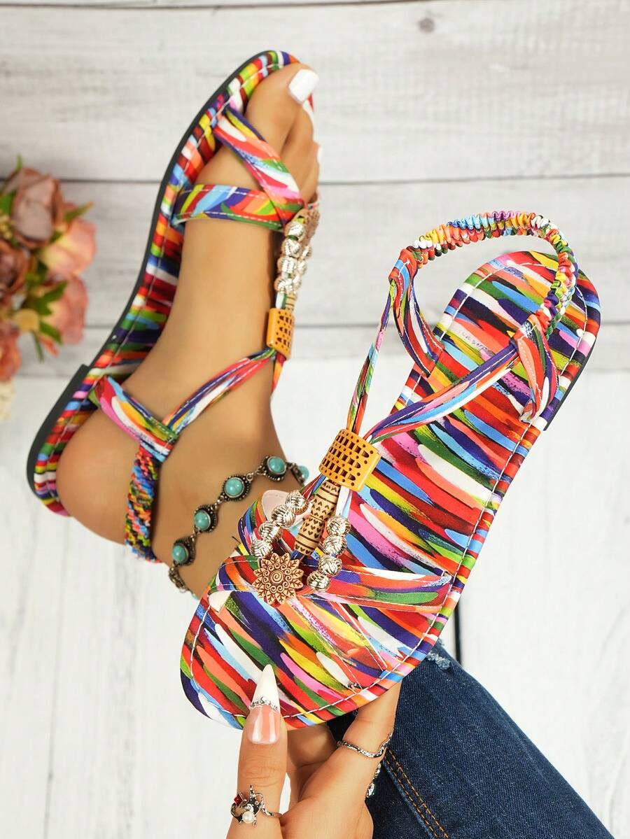 Lightweight Bohemian Flat Sandals, Casual Versatile Rainbow Roman Sandals For Teens, Summer