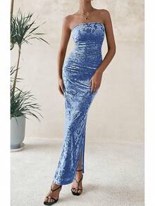 Women's Summer Maxi Tube Dress Strapless Side Slit Long Floral Bodycon Dress Elegant Party Cocktail Dresses - Blue - View 6