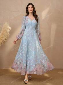 Vintage Floral Printed Slim Fit Romantic Style Women Dress