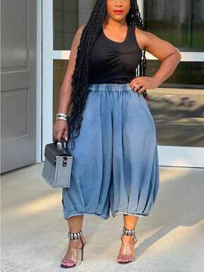 Women's Elastic Waist Wide Leg Baggy Denim Pants, Street Fashion Loose Pleated Jeans