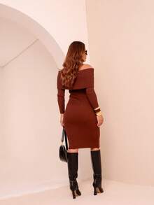 Women's Trico Dress Long Sleeve Ribbed Off-The-Shoulder Modal Premium Moura Tricot - Rust Brown - View 4