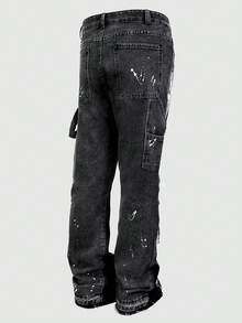 男士实用牛仔裤，直筒喇叭裤，做旧多口袋休闲裤，时尚，emo 风格 - 黑色 - 查看 3