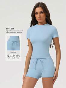 Sodalemon 2 buc/Set femei Fitness Gât turnut Culoare uni Tricou antrenament și pantaloni scurți cu șnur Yoga Casual Ciclism Alergare Costum sport