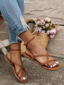 New Fashionable Plus Size Criss-Cross Strap Buckle Versatile Sandals - Brown - View 8