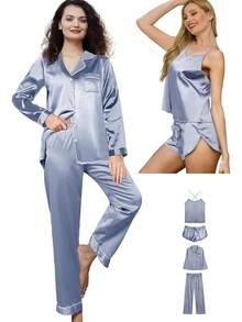 4Pcs Womens Silk Pajama Sets Satin Pajamas Set Sexy Cami Lingerie Pjs Nightwear Silky Pj Loungewear Sleepwearhalloween - 霧霾藍 - 查看 1
