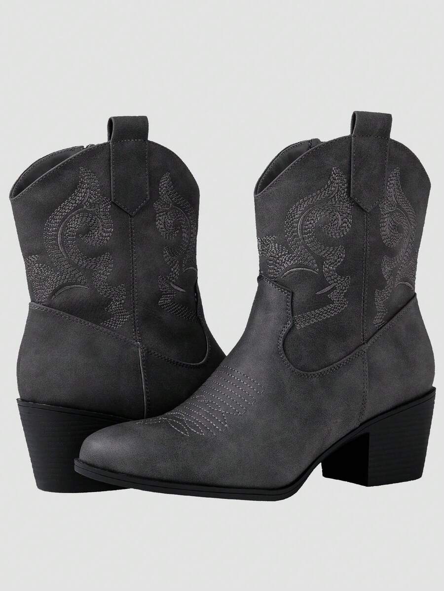 GLOBALWIN Women's The Western Wear Fashion Cowboy Cowgirl Free Birds Country Concert Disco Outfits Low Heel Walking Boots For Ladies Fall Boots Halloween Season - 灰色 - 查看 1