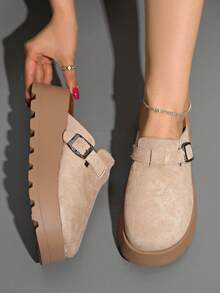 女士圆头厚底舒适一脚蹬休闲时尚穆勒鞋，柔软防水外底，春季 - 杏色 - 查看 5