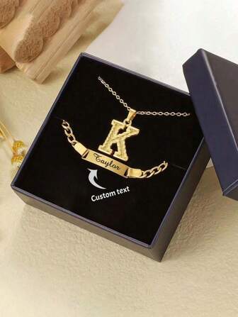 Customized 2-In-1 Stainless Steel Letter Necklace And Bracelet Set - Personalized Name Jewelry, Suitable For Birthday, Graduation Ceremony And Rock Party,Gold,Stylish,Colorful,Vintage,Unisex,Hipster,Simple,Casual,Custom,Personalized,Unique,Ideal Gifts For Him,Ideal Gifts For Her,Her,Boyfriend,Girlfriend,Dad,Mom,Family,Friends,For Anniversaries,For Birthdays,For Graduation,For Prom,For Party,Gold Jewelry,Multi-Functional,Ornamental,Letter,Stylish,Modern,Colorful,Cute,Adorable,Casual,Custom,Personalised,Unique,Customized,Ideal Gifts For Him,Ideal Gifts For Her,Kids,Urban Gala,Travel, School
