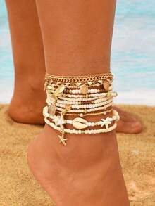 14pcs Simple Bohemian Starfish & Faux Shell Anklets Set, Women's Summer Beach Holiday Date Gift, Casual Daily Party Wear - phong cách 1 - Xem 9
