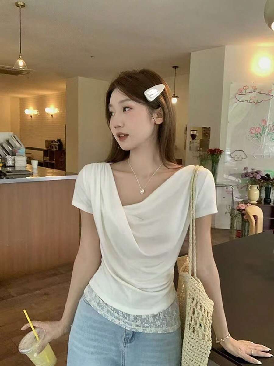 夏季休閒百褶蕾絲拼接垂領女款韓風修身百搭極簡性感短袖T恤 - 白色 - 查看 1