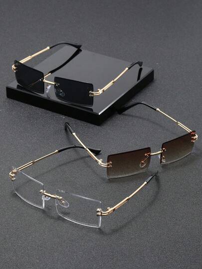 3pcs/Set Men's Rectangular Rimless Metal Fashion Glasses, New Fashion Eyewear Suitable For Daily Life, Beach Holiday And Outdoor Travel