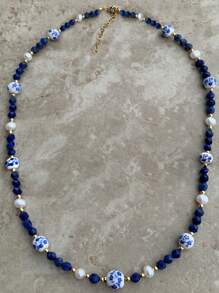1 pieza Collar de piedra natural con flor de cerámica y perlas falsas, estilo bohemio, collar de cerámica azul, adecuado para uso diario de mujeres, citas, fiestas, vacaciones en la playa, regalo de joyería