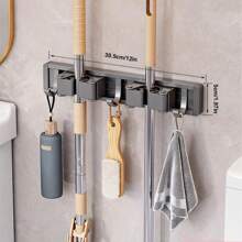 1pc Wall-Mounted Metal Broom Holder Rack With Adjustable Hooks, Suitable For Bathroom, Kitchen, Garden, Laundry Room, Garage Storage Organizer - Powder Coated Surface, Space-Saving Rack For Broom, Mop, Tools, Shelves
