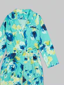 Mono de poliéster con cuello de solapa y manga larga para mujer, con estampado floral y bolsillos, elegante mono informal cruzado - Verde - Ver 8