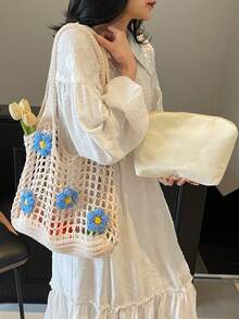 Bolsa tote de malha com flores vazadas, bolsa de ombro feminina de grande capacidade para férias casuais, bolsa de praia para compras da moda