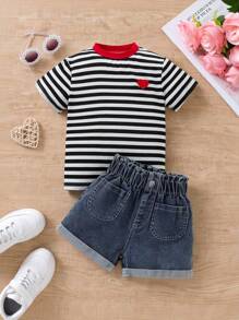2 pezzi/set maglietta a maniche corte a righe a forma di cuore e pantaloncini di jeans per ragazze, adatto per l'estate
