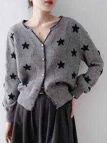 Cárdigan de punto con cuello en V, botones delanteros y manga larga con estampado de estrella de moda  Estrella  Color combinado    Casual    Botón delantero  Lazo - Gris - Ver 2