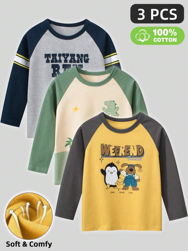 Camiseta de manga larga para niño, Parte superior de cuello redondo con estampado de dinosaurios de dibujos animados para otoño/invierno