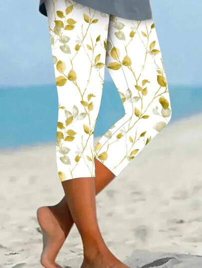 Women's Floral Print 7/8 Leggings, Polyester, Medium Stretch, Regular Fit, Soft Touch