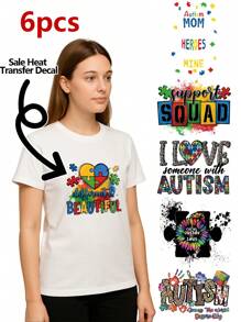 6pcs/Set Autism Awareness Designs DIY Iron On DTF Transfers Stickers Washable Heat Transfer Designs Ready Press Decals Plastisol Patch For DIY Clothing T-Shirt Mask Jeans Backpack