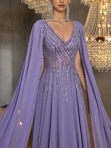 Faeriesty Haute Glamour Gorgeous Elegant Chiffon Gown With Crystal Beading V-Neckline & Dramatic A-Line Skirt | Luxury Evening Dress For Black Tie Events And Weddings - Màu tím - Xem 6