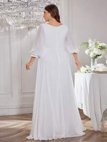 UNITHORSE 灯笼袖亮片刺绣装饰褶皱雪纺婚纱，全白派对装女士 - 白色 - 查看 2