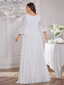 UNITHORSE UNITHORSE Lantern Sleeve Sequin Embroidery Decor Pleated Chiffon Wedding Dress, All White Party Outfit Women