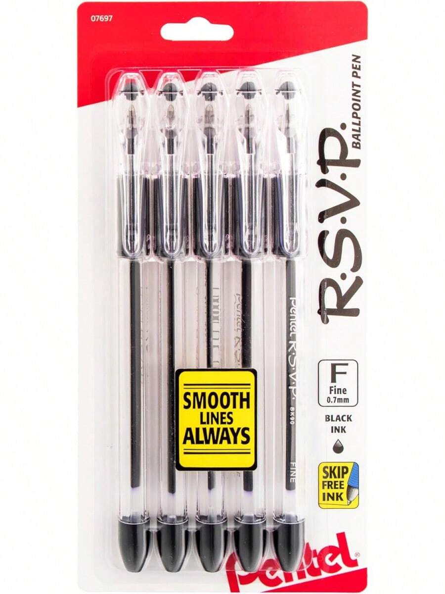 Pentel RSVP Ballpoint Pen, (0.7mm), Fine Line, Black Ink, Pack Of 5 (BK90PF5A) - màu đen - Xem 1