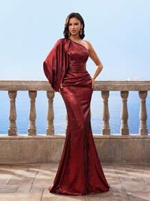 Vestito da cerimonia rosso vino per donna, con spalla scoperta, vita arricciata, modesto, avvolgente, adatto per madre della sposa per occasioni serali