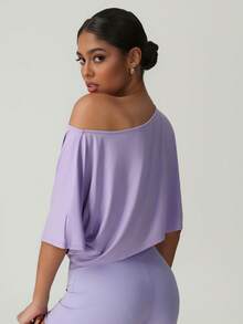 GOSOUER 女士夏季高弹轻薄柔软休闲短款露肩衬衫 T 恤 - 紫色 - 查看 5