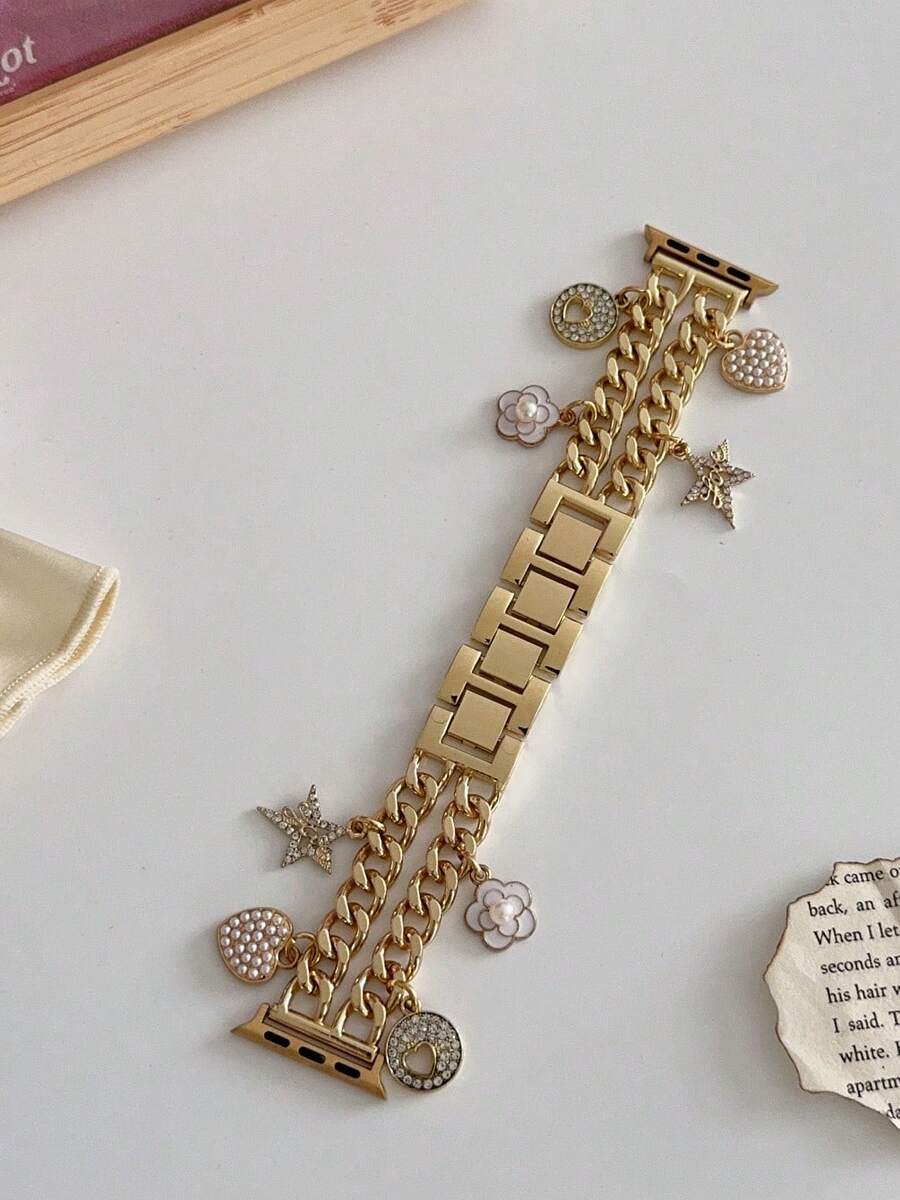 1 件时尚 表带金属双链吊坠表带,适合女士,兼容 Ultra1/2/3 SE 系列 11/10/9/8/7/SE/6/5/4,38 毫米 40 毫米 41 毫米 42 毫米 44 毫米 45 毫米 46 毫米 49 毫米,适合她手链腕带的智能表带,送给女朋友的礼物,可调节 表带(仅表带) - 金色23 - 查看 1