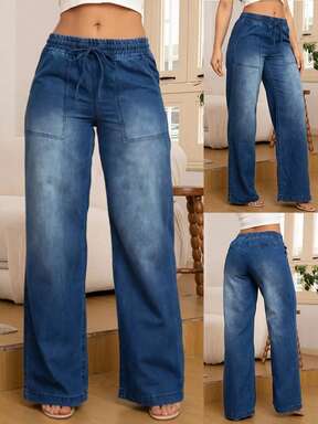 Women's Fashion Versatile Drawstring Waist Wide Leg Straight Jeans With Back Pockets