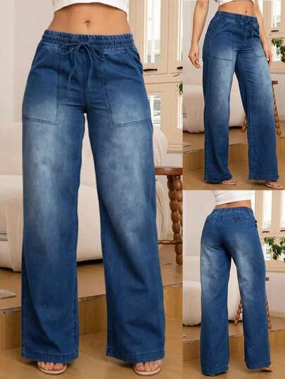 Women's Fashion Versatile Drawstring Waist Wide Leg Straight Jeans With Back Pockets
