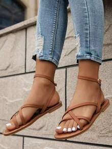 New Fashionable Plus Size Criss-Cross Strap Buckle Versatile Sandals - Brown - View 4