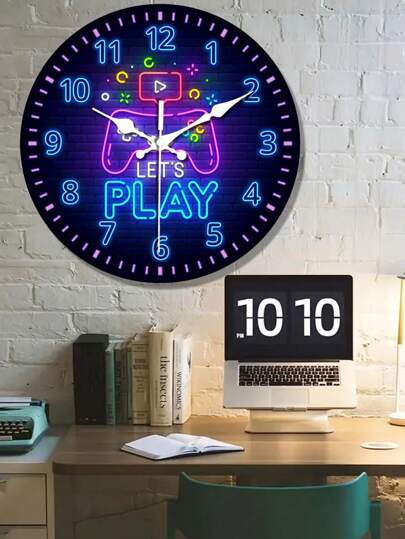 1pc Video Game Theme Silent Wand Klok Round Wooden Digital Display, Ideal Bedroom, Living Room, Bar Perfect Holiday Bedroom Gaming Operation Room Dormitory Back To School Surprise Home Supplies
