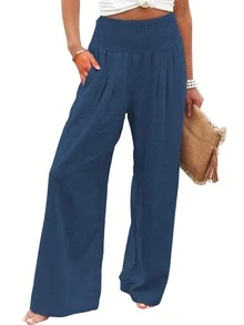 Plus Size Women's Solid Color Summer Vacation Casual Wide Leg Loose Pants Spring - Navy Blue - View 4