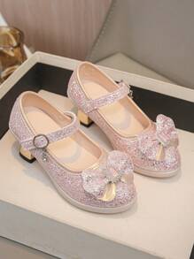 Girls Fashion High Heel Leather Shoes, Bling Glitter Princess Shoes For Kids, Suitable For Spring & Autumn