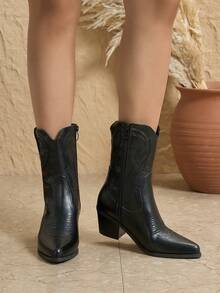 Women's Western Style Pointed Toe Zipper Ankle Boots, Embroidered Low Heel Casual Comfortable Elegant High Heel Boots, Black Classic Design, Autumn/Winter - Black - View 3