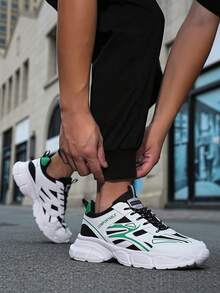 男式拼色低帮系带厚底休闲运动鞋 - 黑綠 - 查看 6