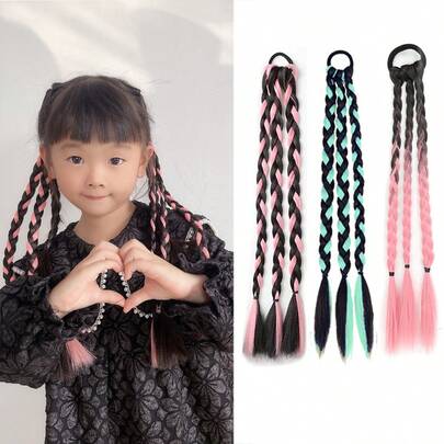 2件装儿童彩色接发，编织马尾假发，女孩发饰，疯狂发型日服装配饰，带橡皮筋彩虹编织合成假发马尾假发，适合女孩派对角色扮演，交织彩色辫子，儿童发饰（粉色、蓝色、渐变色）