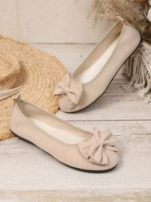 1 Paar elfenbeinweiße flache Ballettschuhe für Teenager-Mädchen, Obermaterial aus Leder mit Schleifen-Dekor, runde Zehenkappe, Schlupfeinstieg, rutschfest, für Lässig & Büro, geeignet für Frühling & Herbst