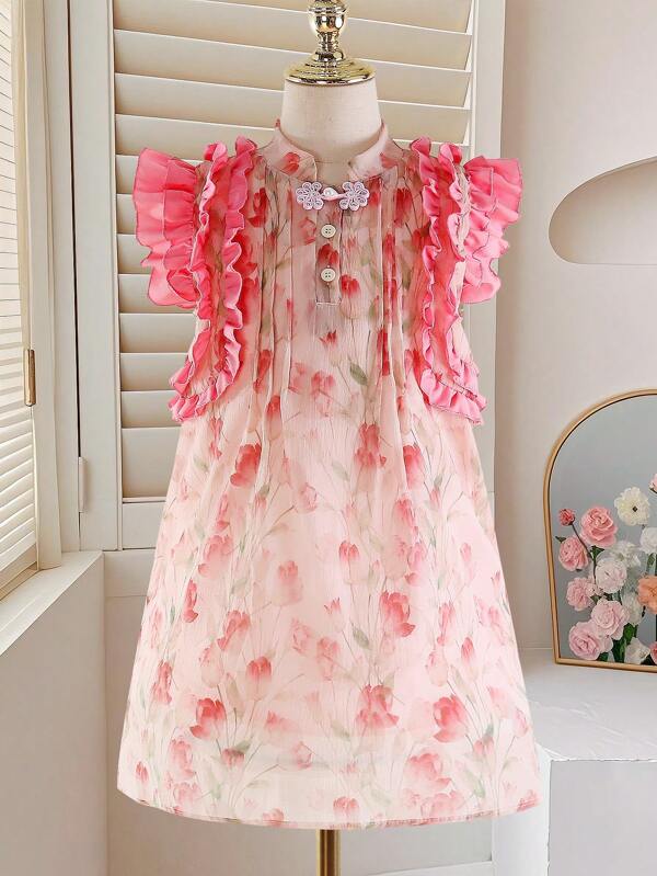 Sukienka księżniczki z krótkim rękawem dla dziewczynek, modna sukienka bez rękawów w stylu chińskim dla małych dziewczynek