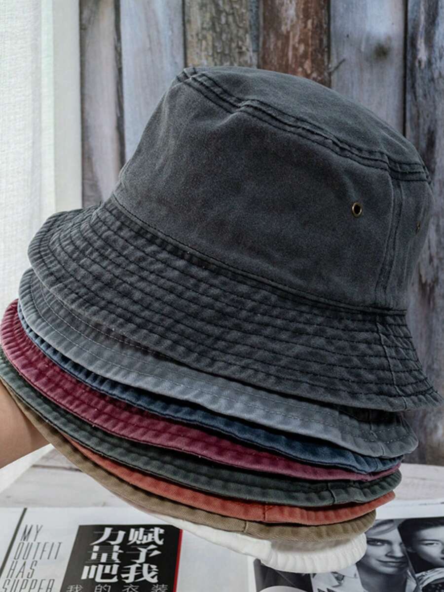1pc Washed Denim Bucket Hat, Unisex Spring/Summer Outdoor Sun Protection Cap - Multicolor - View 1