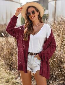 Summer Lightweight Crochet Cardigan For Women, Coquette Hollow Out Open Front Long Sleeve Cardigan Sweater, Casual Comfort, Fashion Outerwear - 黃色 - 查看 10