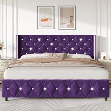 Queen Bed Frame With Headboard, Velvet Upholstered Bed With Wingback And Diamond Tufted Design, Wood Slat Support,  Modern Bed Frame, Twin Bed Frames/ Full Size Bed Frame/ Queen Bed Frame/ King Size Bed Frame Black/Pink/White/Blue/Green/Purle - 紫色 - 查看 14