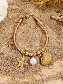 1 件海星贝壳珍珠吊坠手链，不锈钢弹性可调节女士手链，简约夏日海滩珠宝礼物 - 彩色 - 查看 3