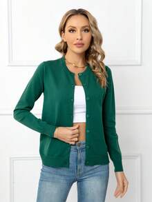 DEARCASE 女式休闲纯色长袖纽扣开衫 - 墨綠色 - 查看 3