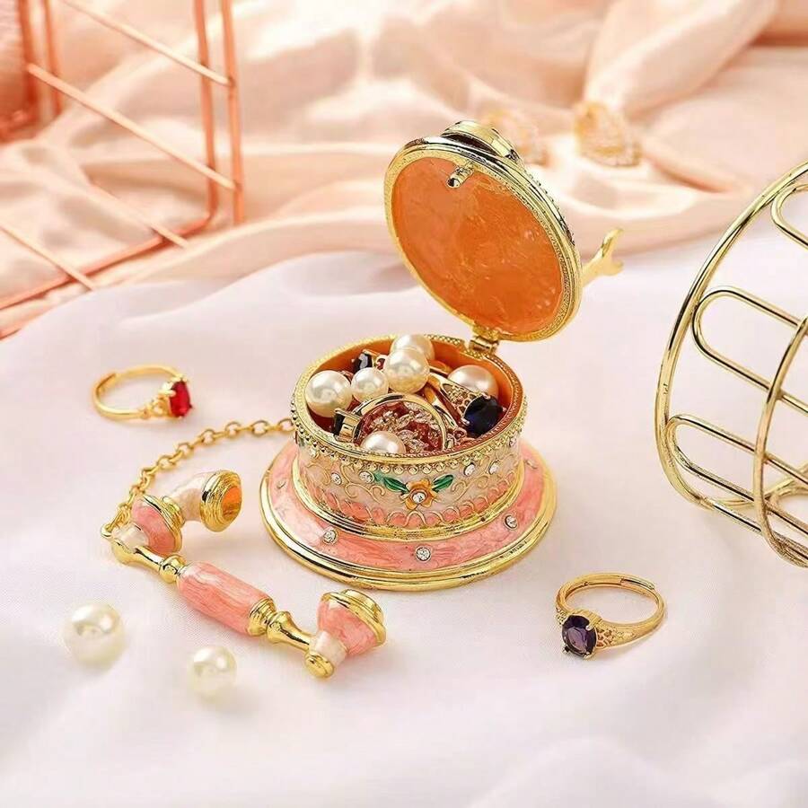 1pc Vintage Telephone Enamel Jewelry Box, Home Decor Accessory, Ring Box, Jewelry Organizer, Retro Craft, Luxury Elegant Jewelry Box, Delicate Decoration, Suitable For Jewels, Rings, Earrings, Bracelets, Daily Storage And Organization, Also As A Small Gift For Friends For Women Storage Organizer Travel Essentials Back To School Dormitory Storage